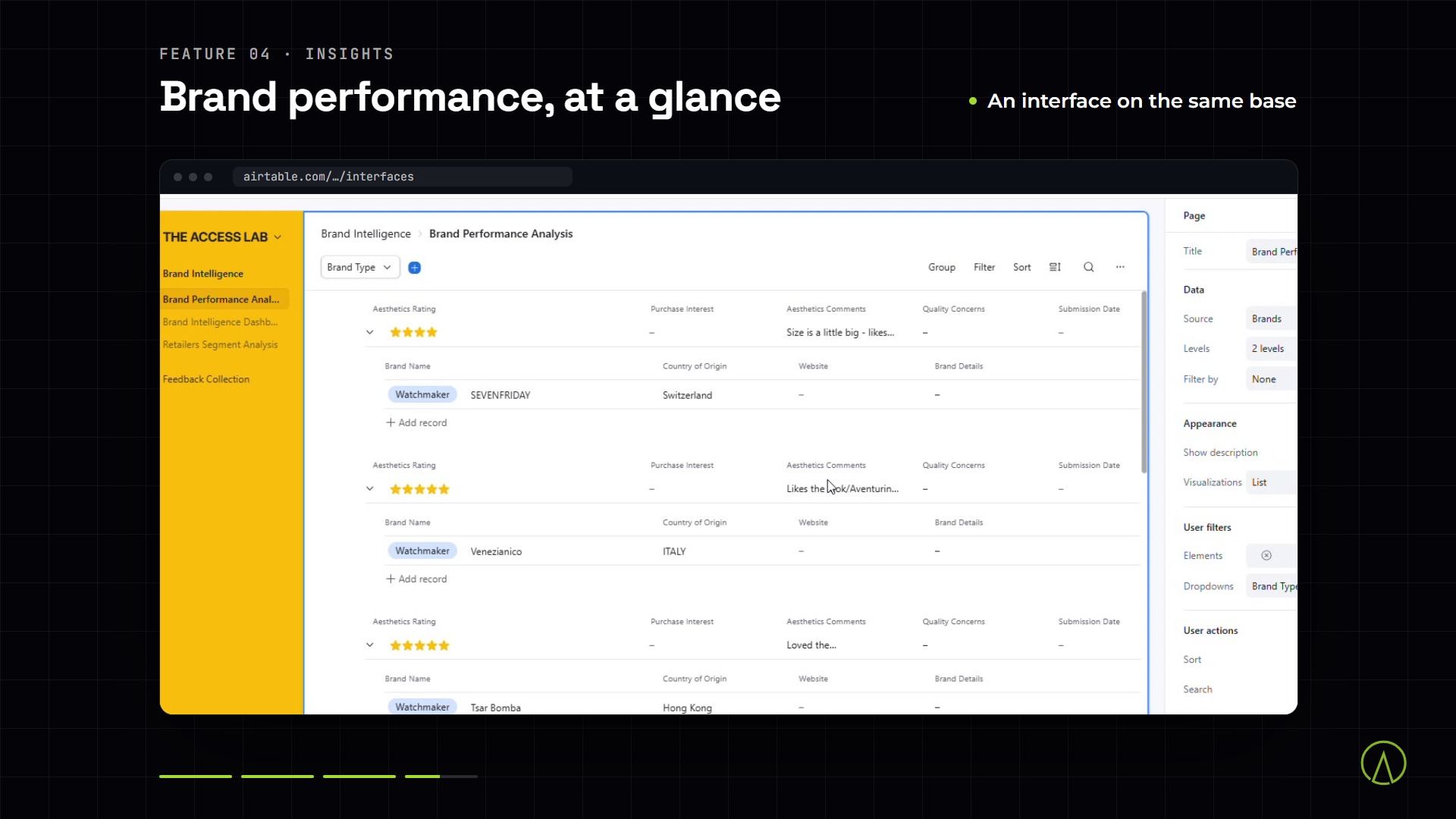 Airtable screens: the public feedback form, the linking automation and the brand insights interface