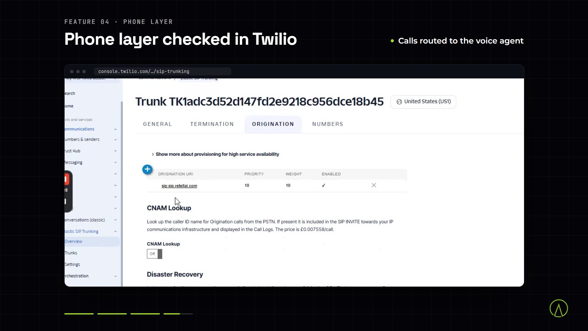 Voice AI screens: Retell call history, the Make scenario run and the Twilio SIP trunk